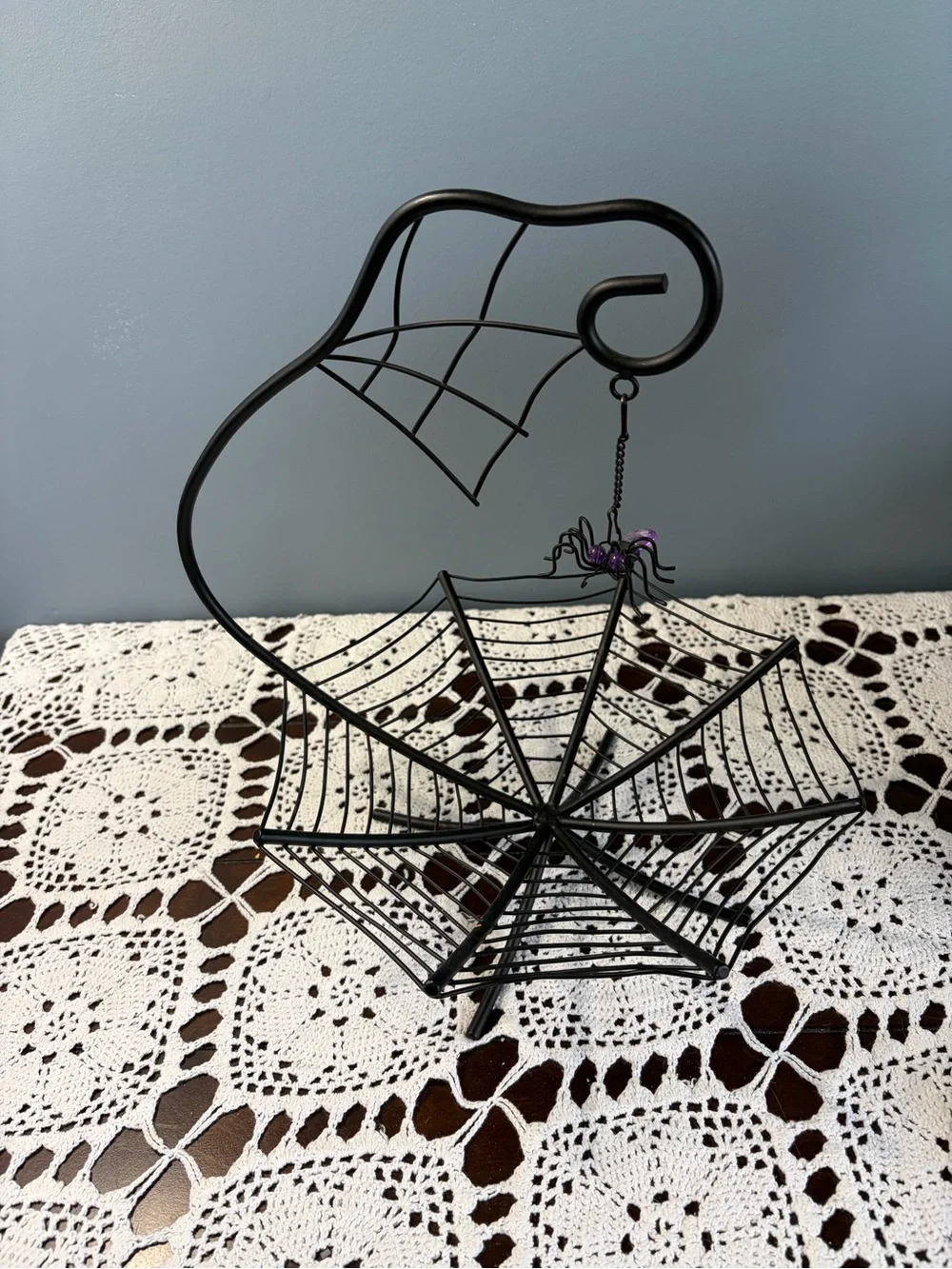 Source Unknown Black Spider Web Candy Bowl with Purple Hanging Spider